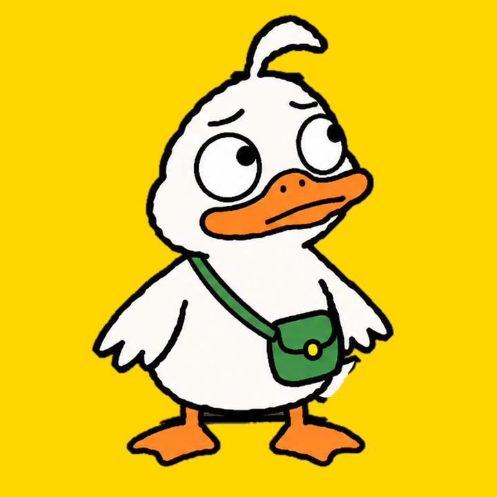 Larry the Duck, a white cartoon duck with a green shoulder bag, looking up with a worried expression